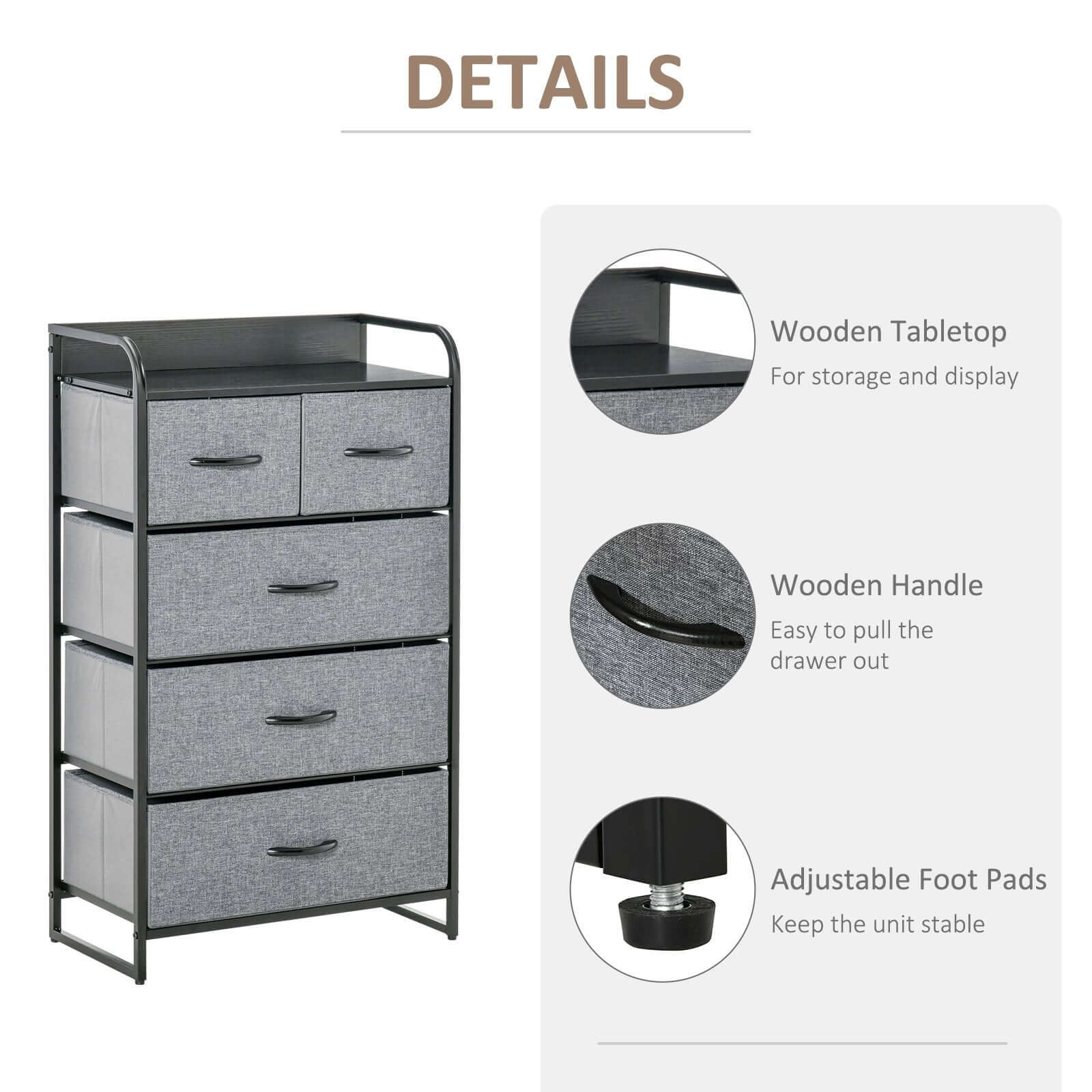 5-Drawer Steel Frame Dresser Tower – Gray