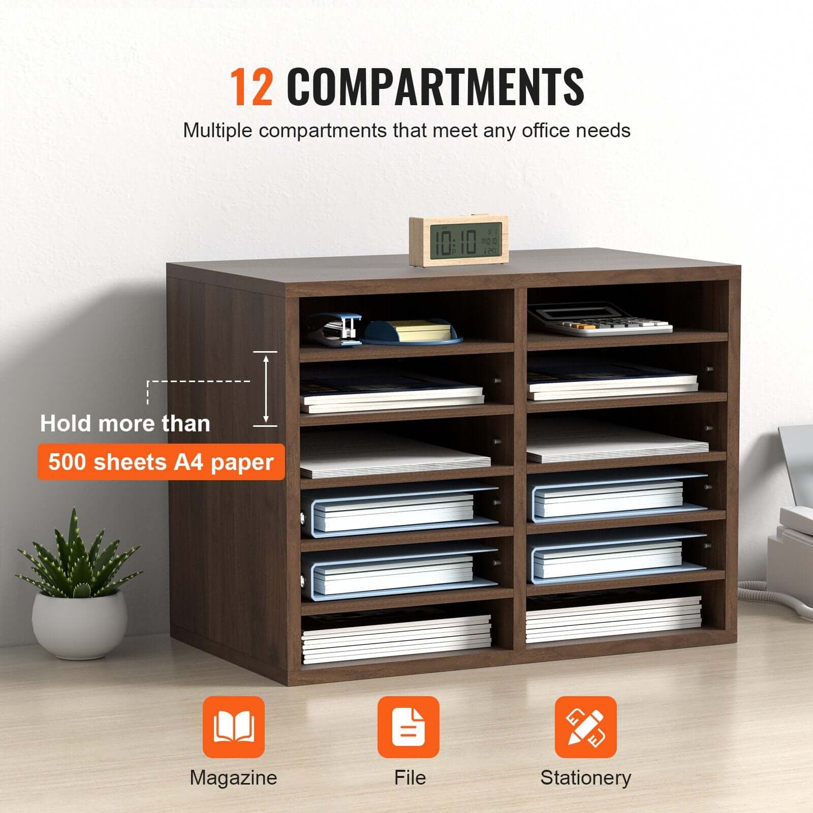 12-Compartment Wood Office Mailbox Organizer – Brown