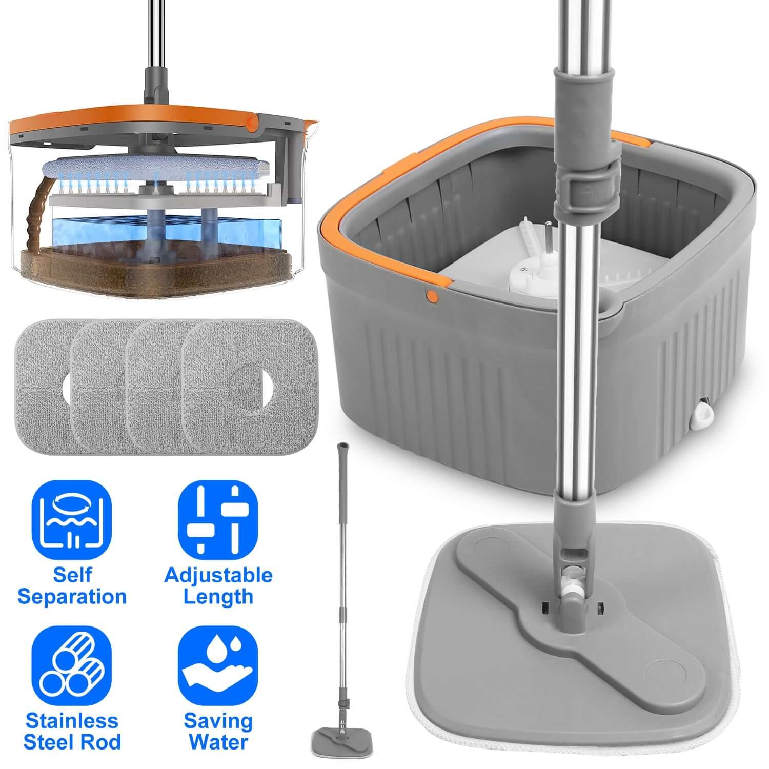 Spin Mop & Bucket System with Microfiber Pads