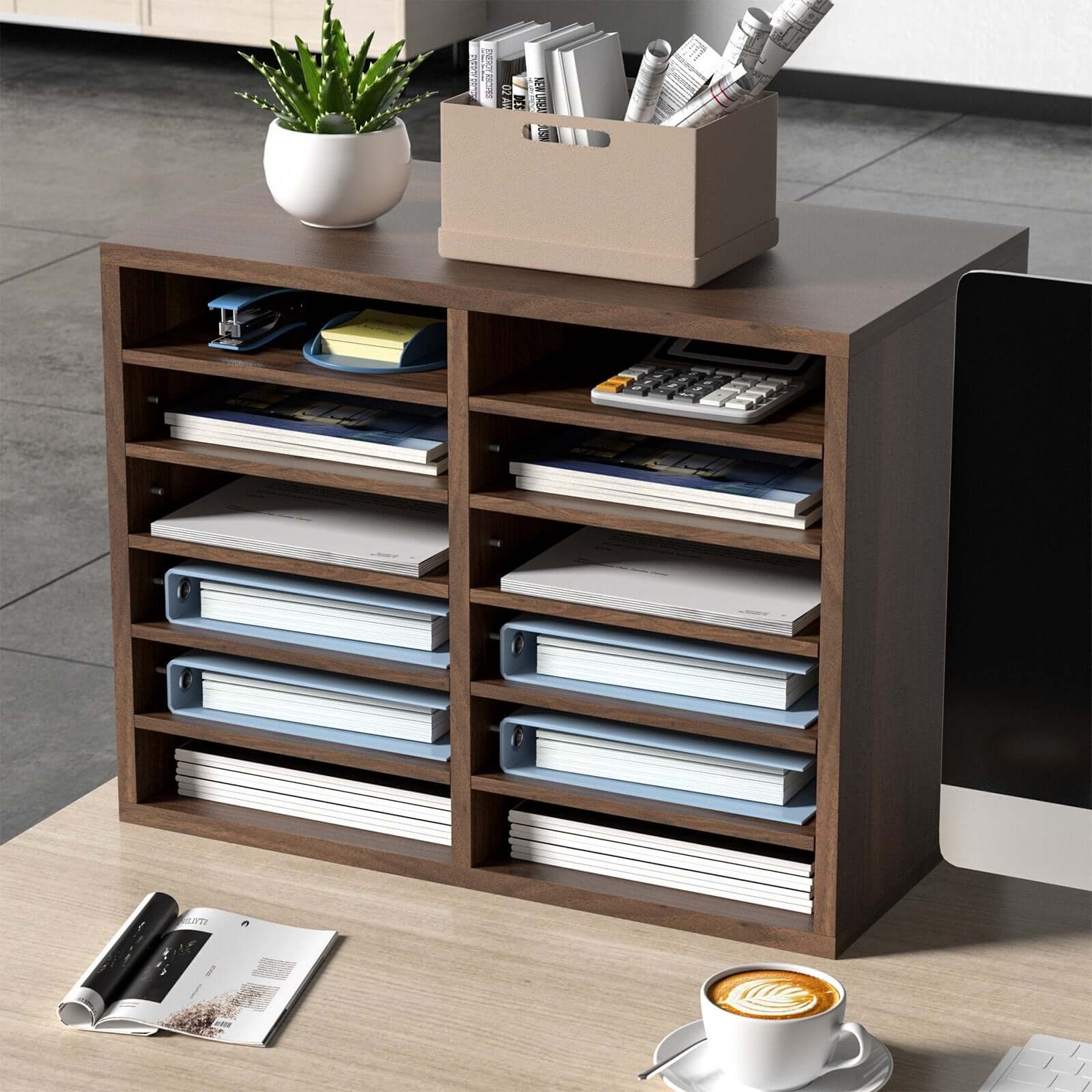 12-Compartment Wood Office Mailbox Organizer – Brown