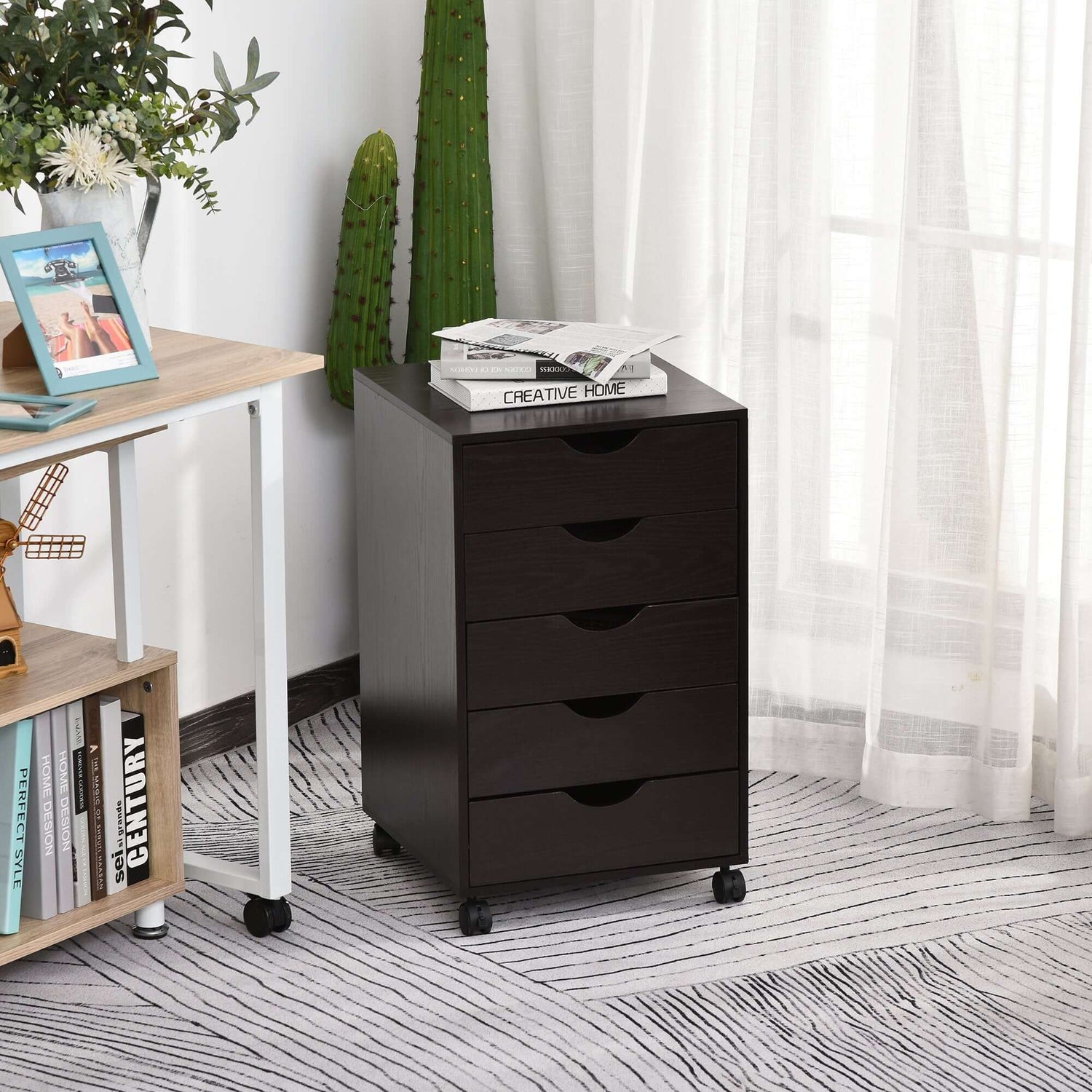 5-Drawer File Cabinet with Wheels – Brown