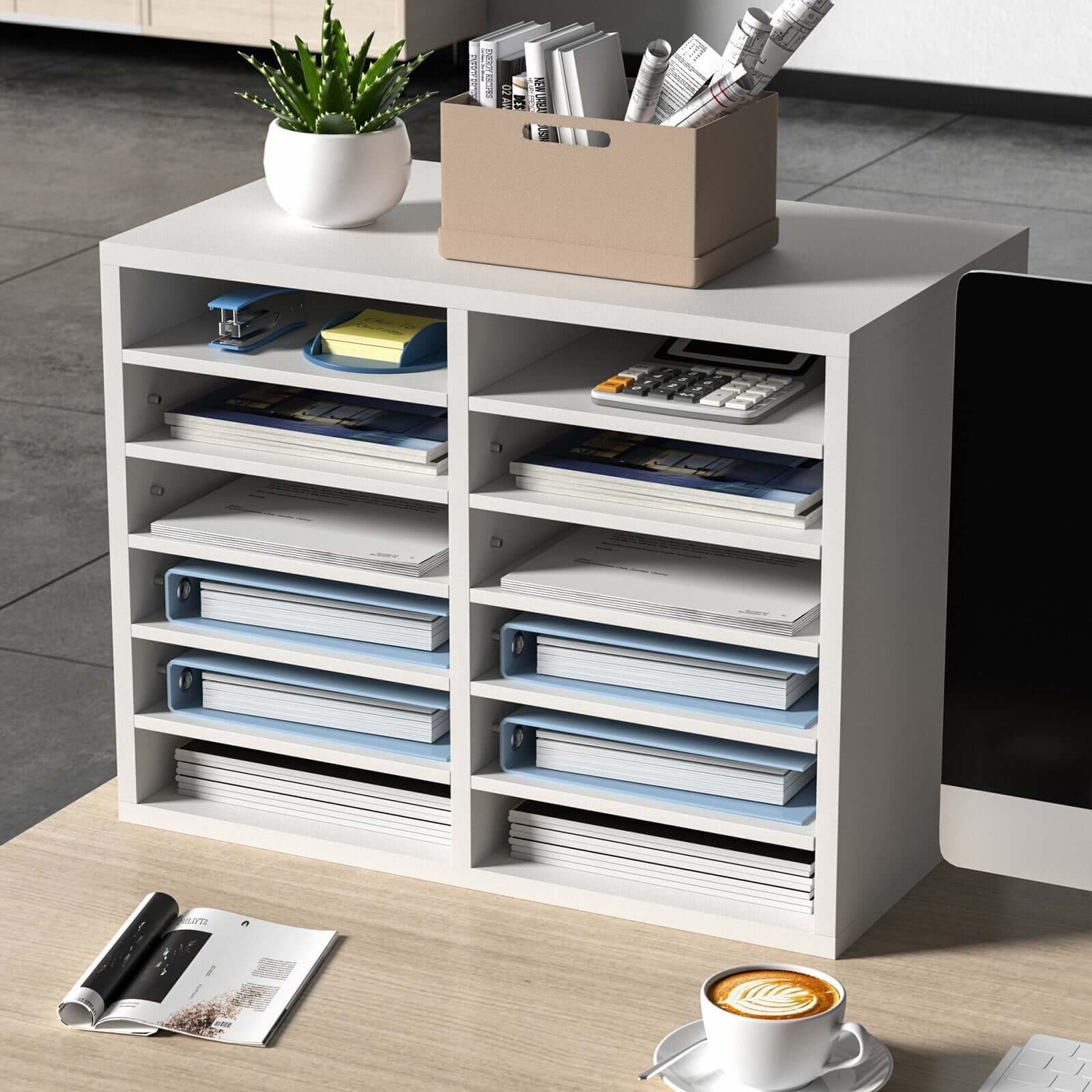 12-Compartment Wood Office Mailbox Organizer