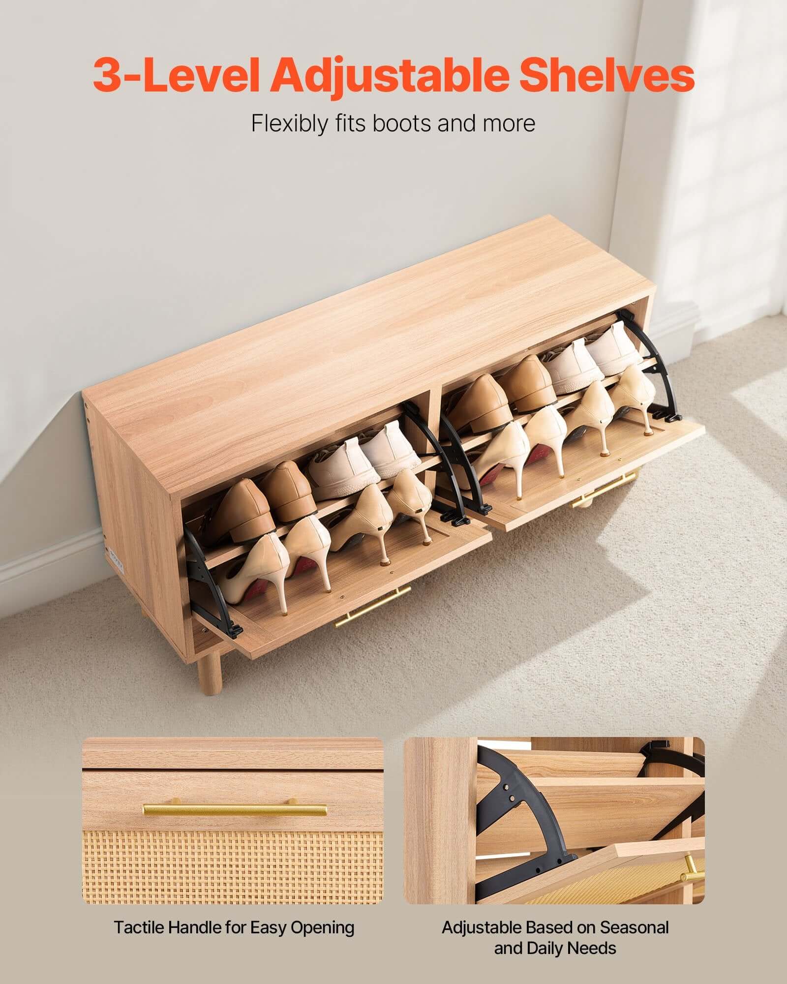 Rattan Entryway Shoe Bench with Flip Drawers