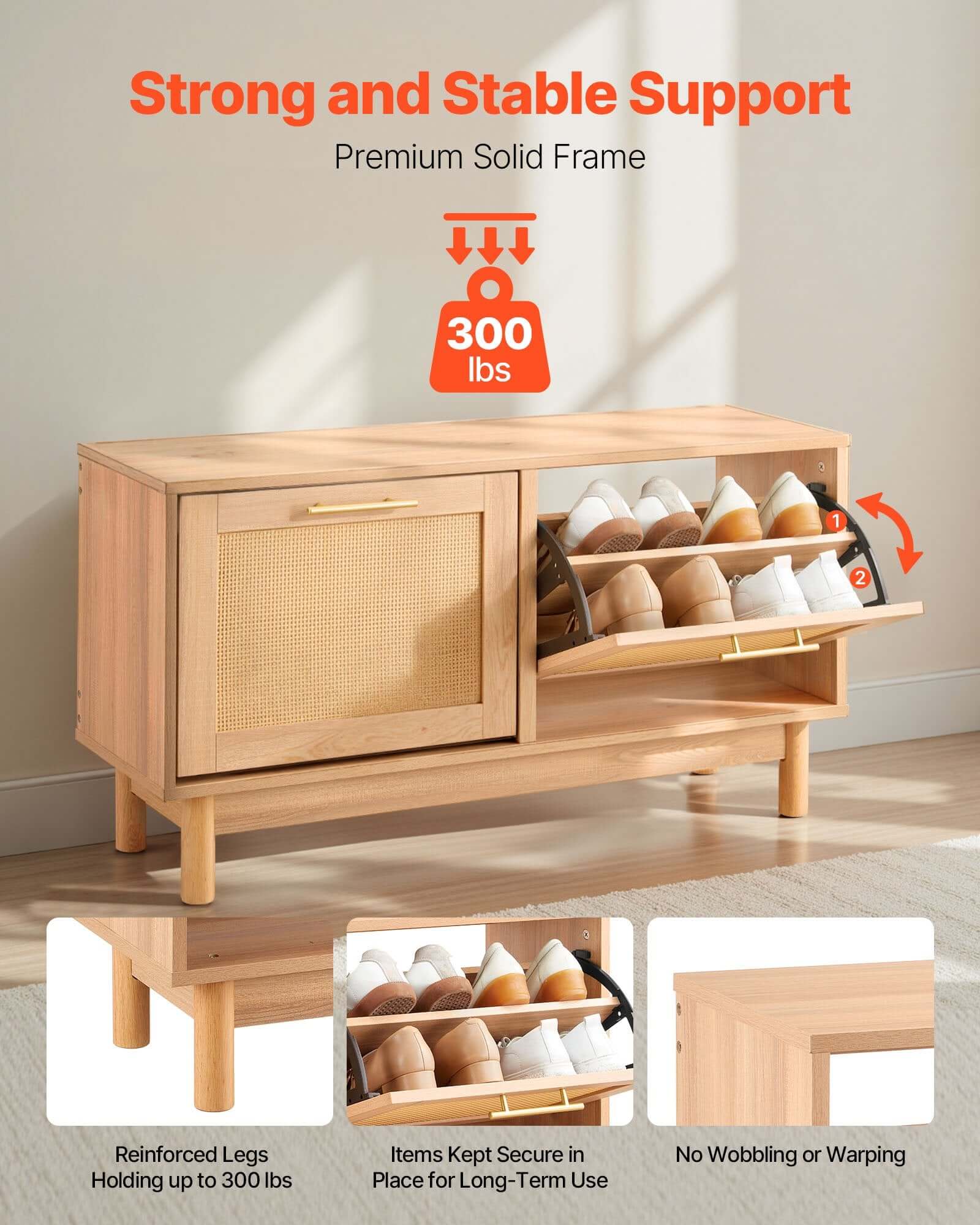 Rattan Entryway Shoe Bench with Flip Drawers