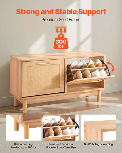 Rattan Entryway Shoe Bench with Flip Drawers