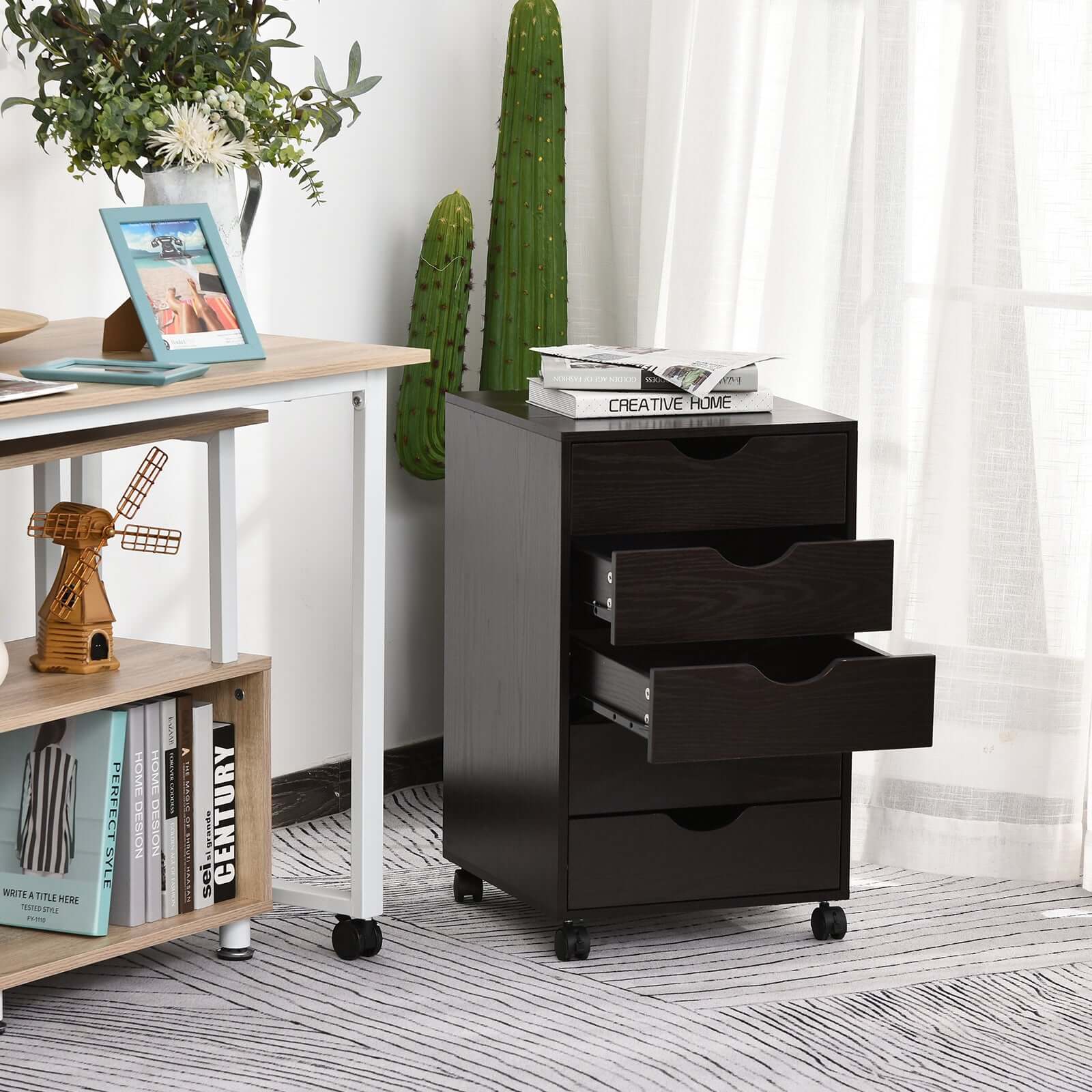 5-Drawer File Cabinet with Wheels – Brown