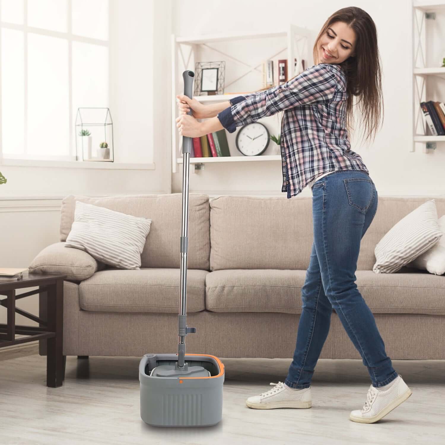 Spin Mop &amp; Bucket System with Microfiber Pads