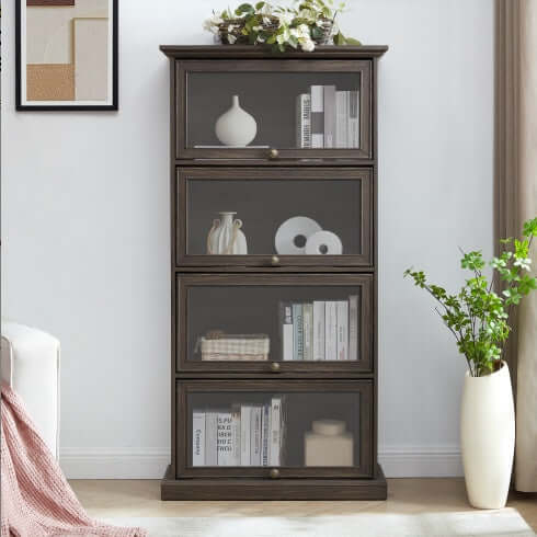 4-Tier Glass Display Cabinet with Flip Doors