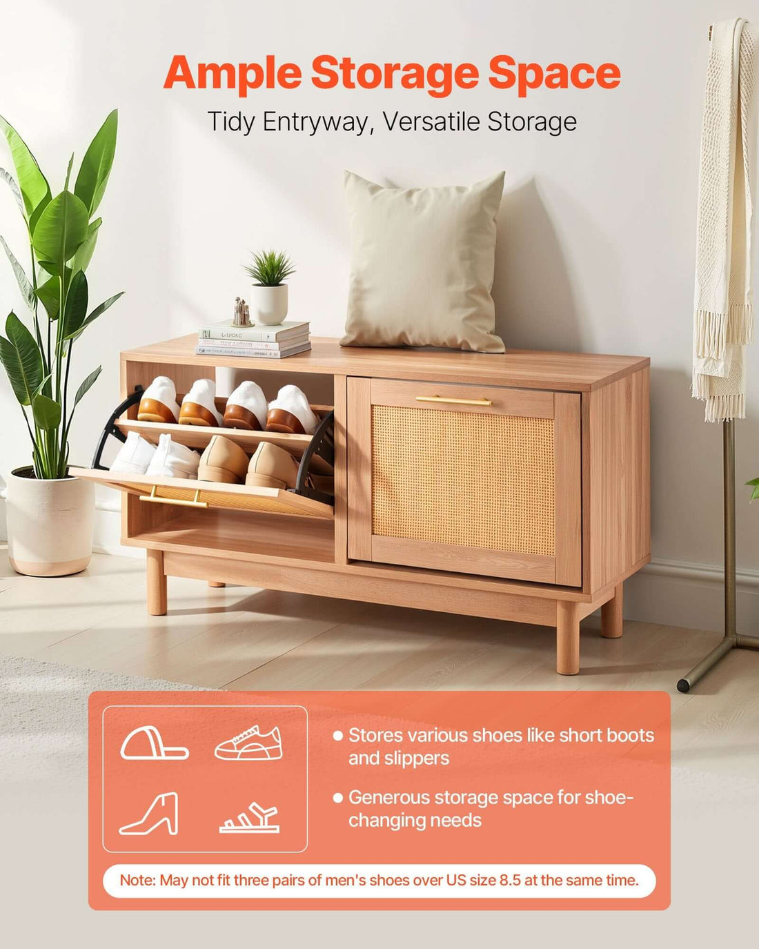 Rattan Entryway Shoe Bench with Flip Drawers