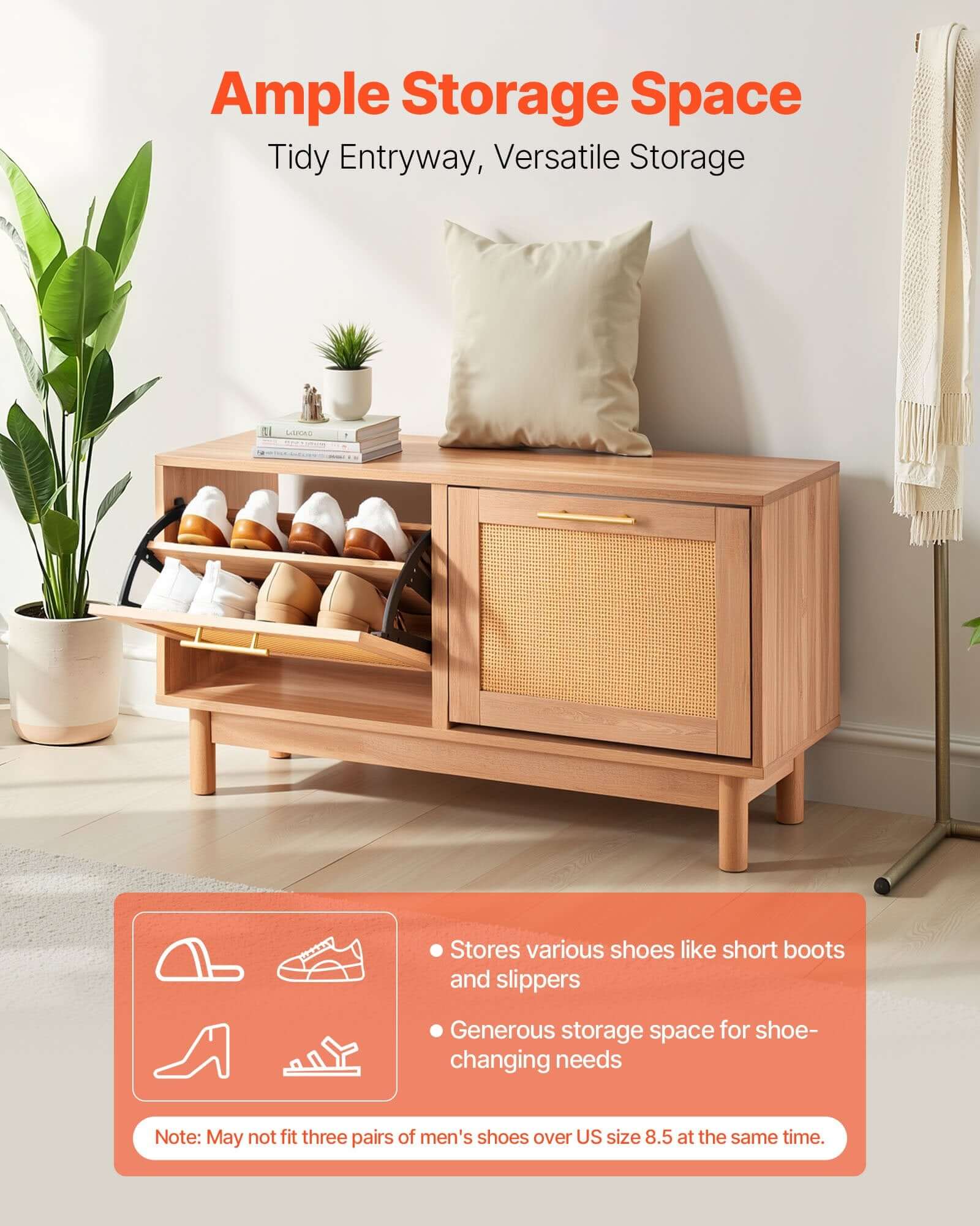 Rattan Entryway Shoe Bench with Flip Drawers