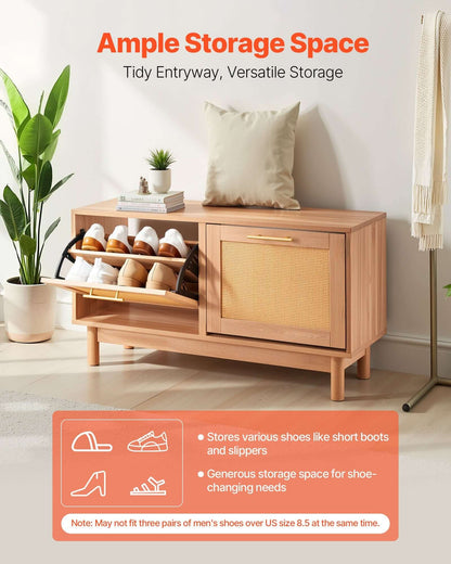 Rattan Entryway Shoe Bench with Flip Drawers