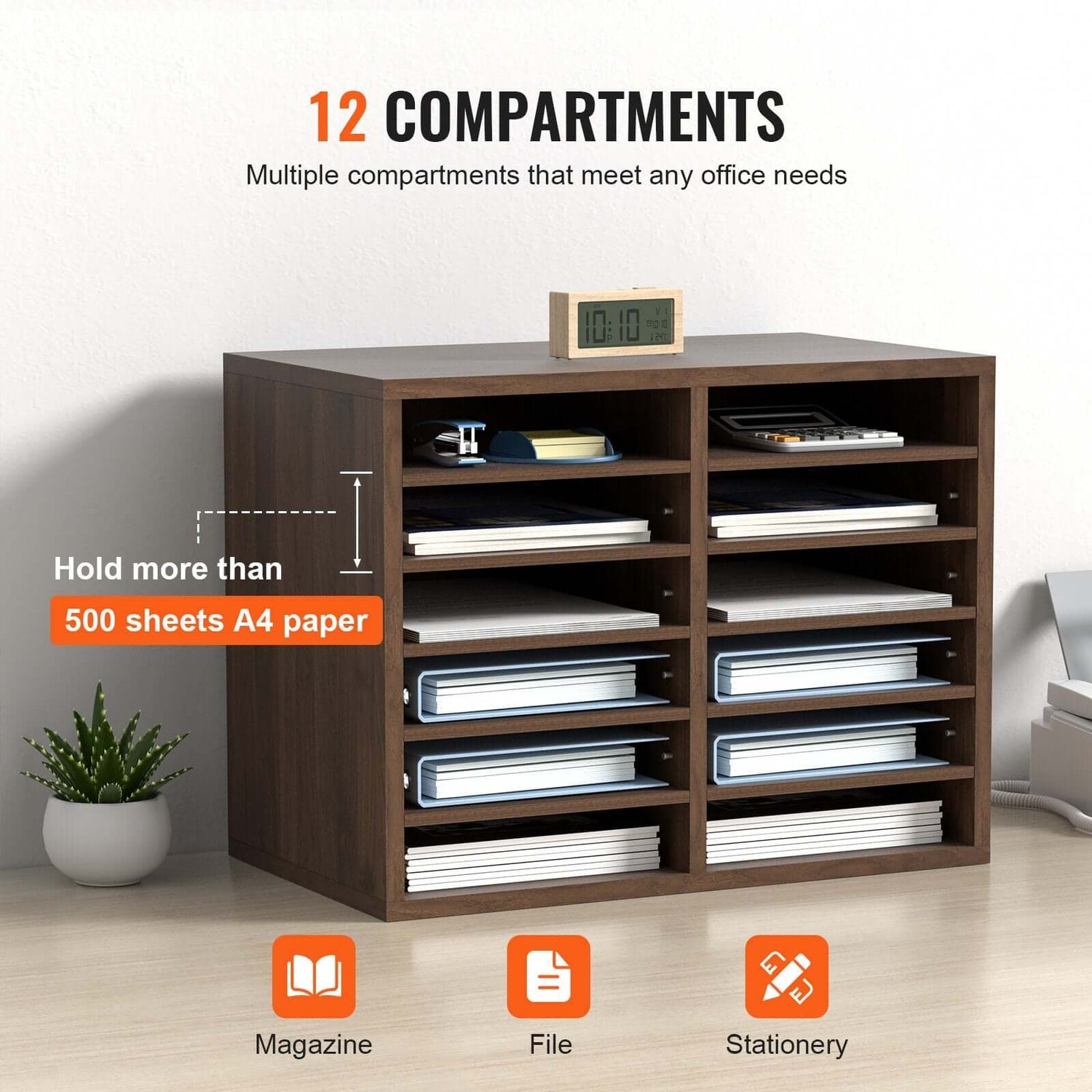 12-Compartment Wood Office Mailbox Organizer – Brown