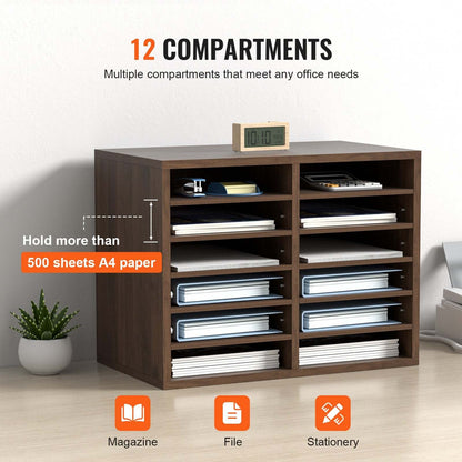 12-Compartment Wood Office Mailbox Organizer – Brown