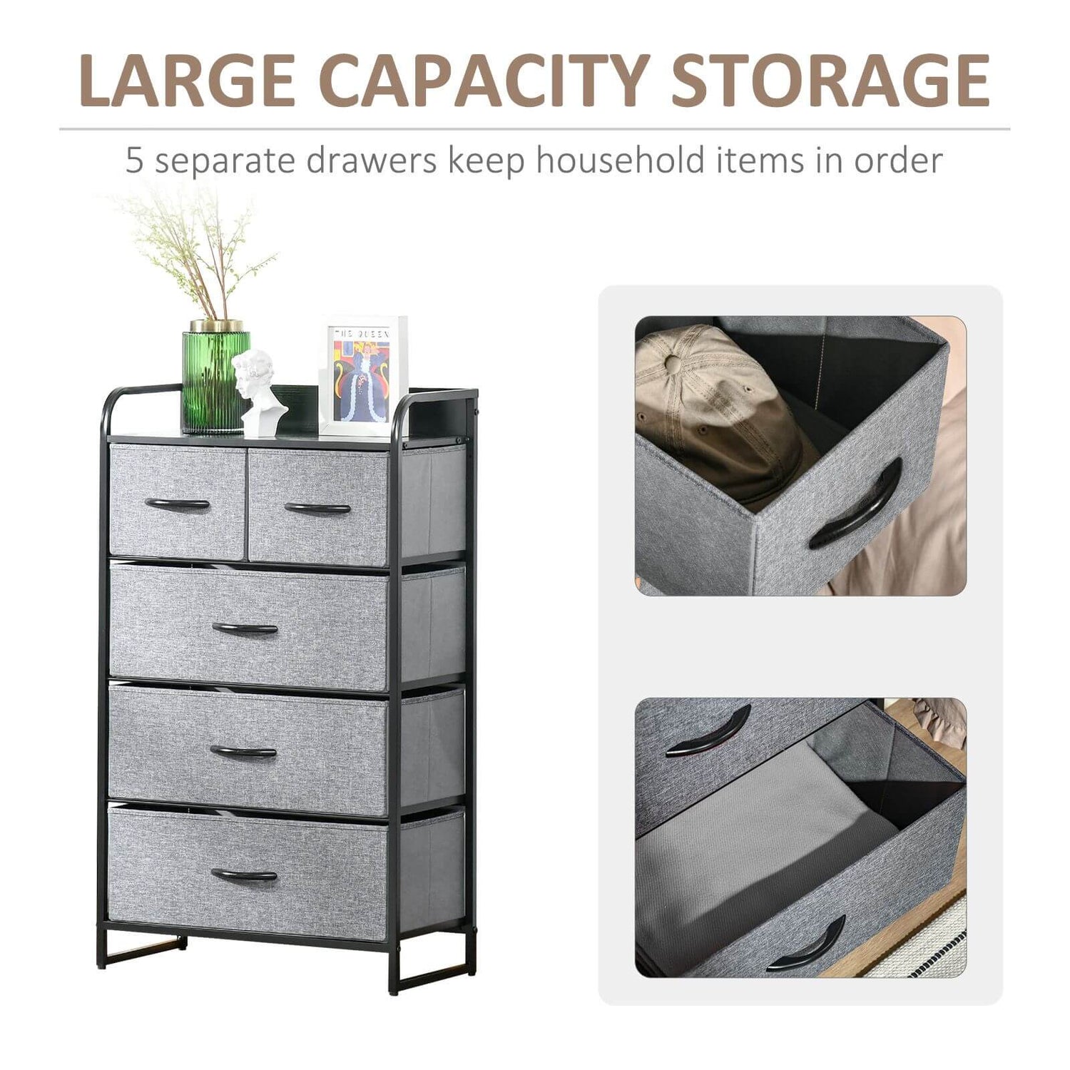 5-Drawer Steel Frame Dresser Tower – Gray