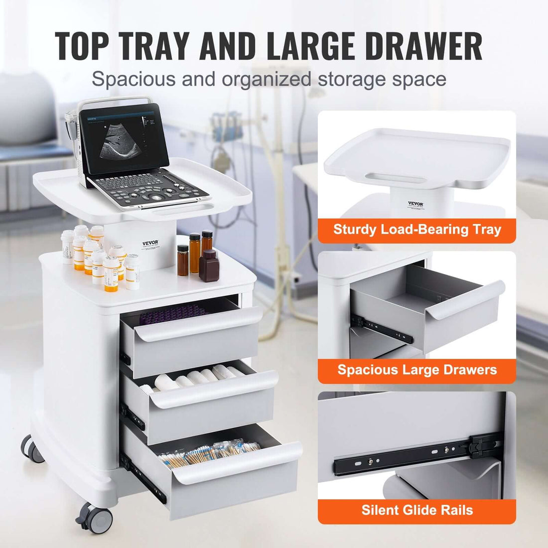 4-Tier Mobile Medical Cart with Drawers