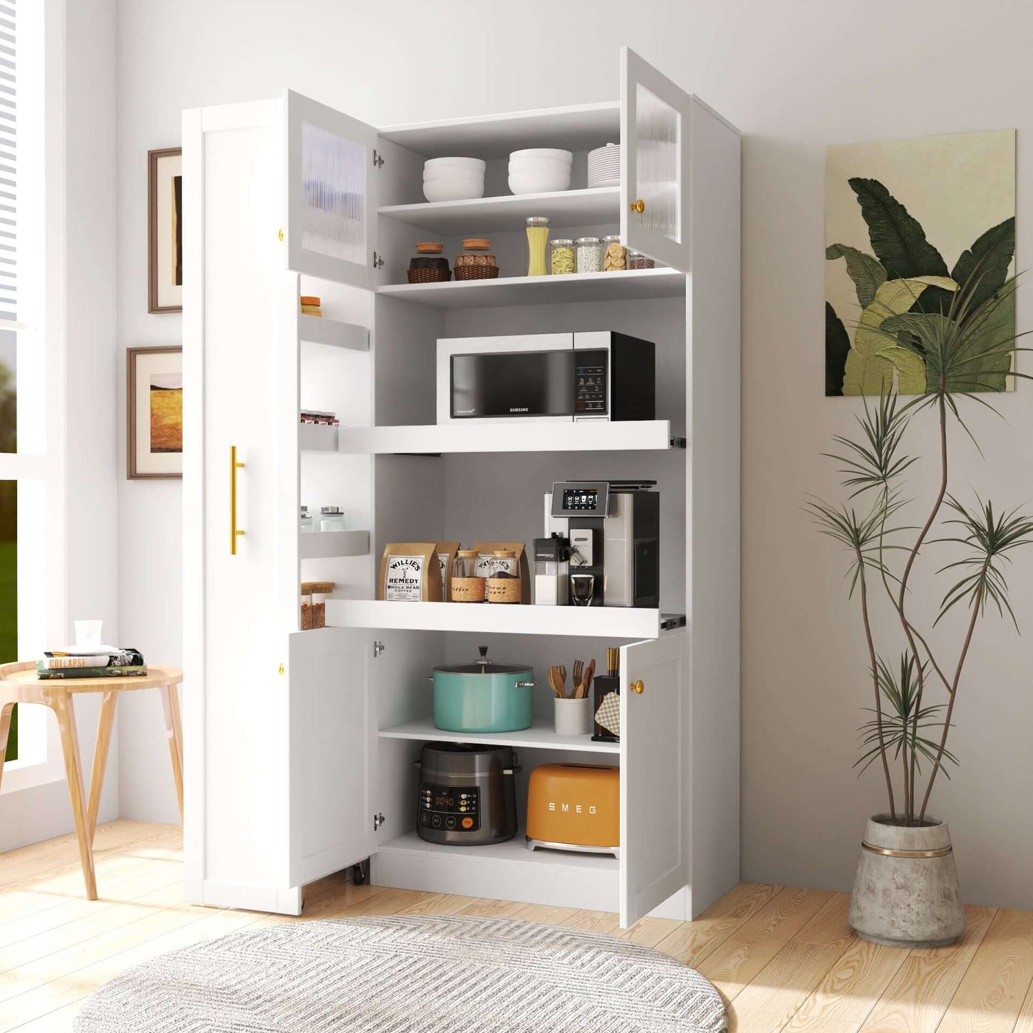 Farmhouse Kitchen Pantry Cabinet with Pull-Out Shelf